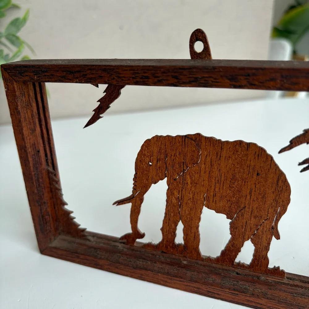 Vintage Hand Carved Wood Elephant Silhouette Shadow Box Wall Hanging Safari Art